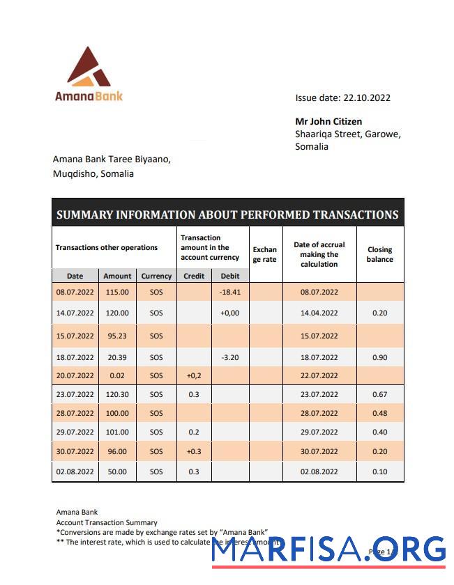 Downloadable Somalia Amana bank statement word sample